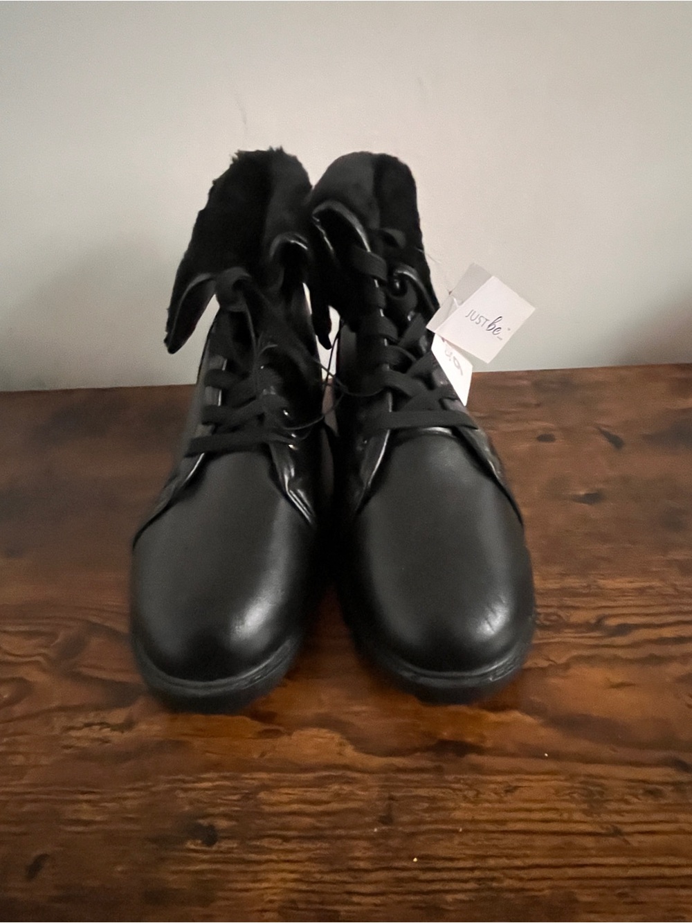 just be Black Lace-Up Ankle Boots with Faux Fur Collar